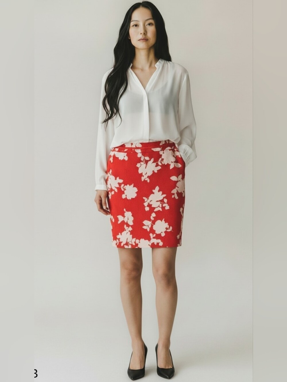 Talbots Red & Cream Floral Pencil  Kick Pleat Career Skirt Misses 8P